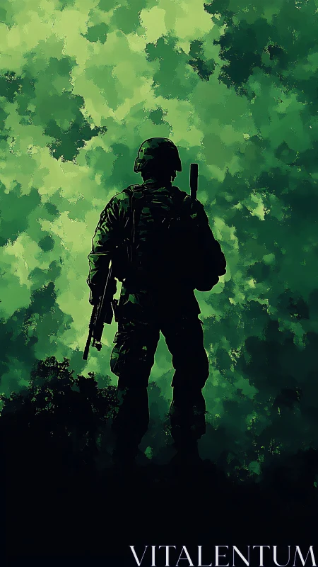 Silhouetted soldier stands armed against textured green sky