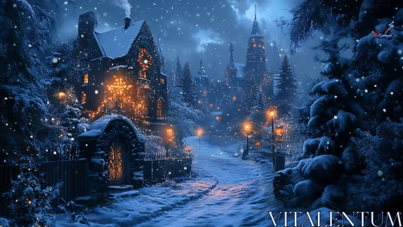Snowy fantasy village glows under deep midnight sky.