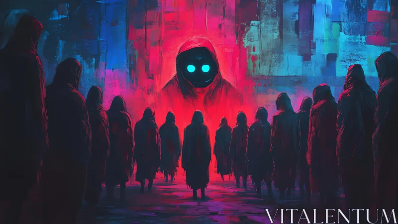 Red hooded figure with glowing eyes amid cloaked crowd.