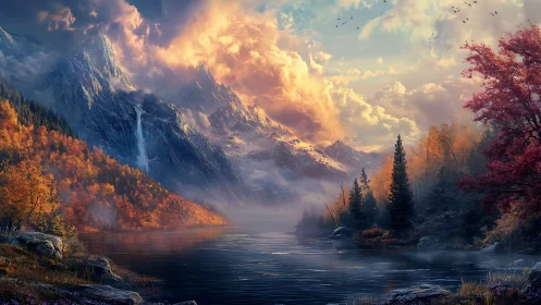 Mountain lake under dramatic sky with autumn forest