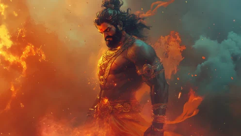 Muscular warrior figure stands amid swirling orange flames