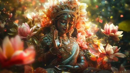 Divine goddess statue glows amid luminous lotus blossoms.