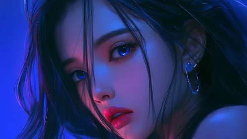 Neon-kissed portrait of a dreamy girl in electric blue glow.