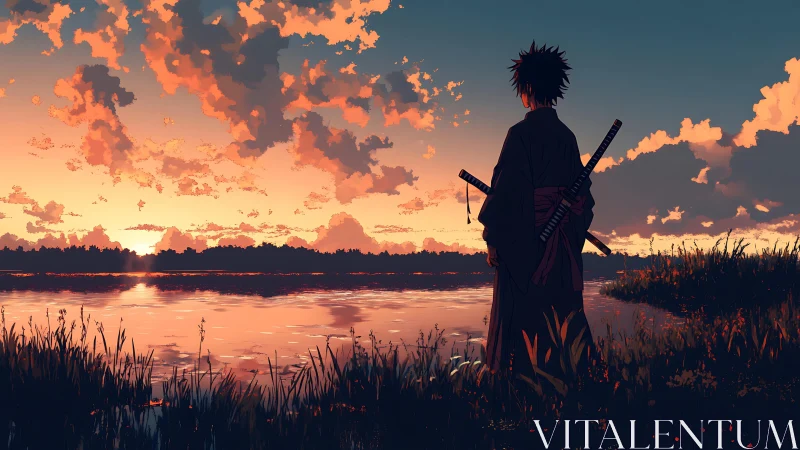Lone samurai watches glowing river under vivid sunset sky