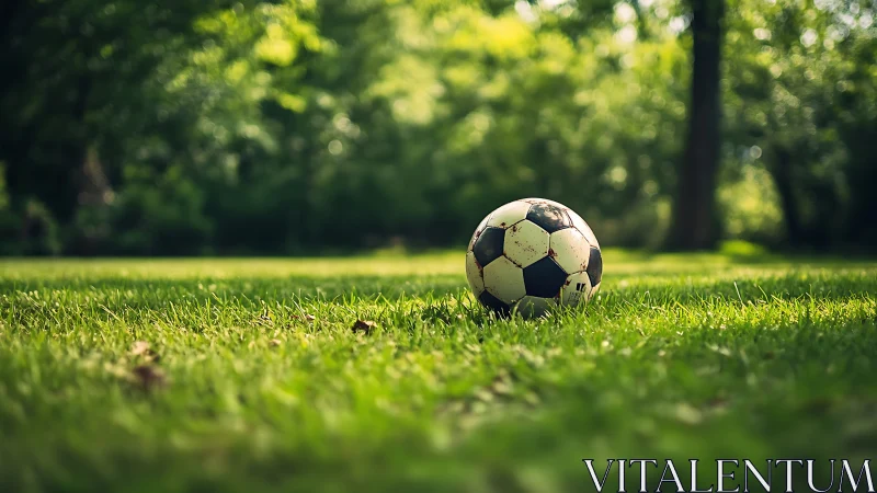 Weathered soccer ball on grass in shallow depth field.
