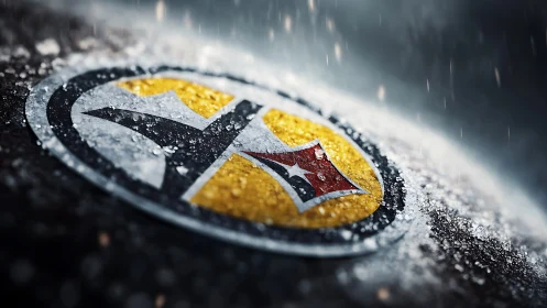 Metallic circular emblem lies on wet icy surface in rain