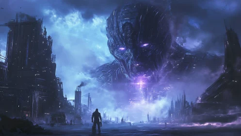 Colossal cybernetic entity emerging above storm-lit megacity.