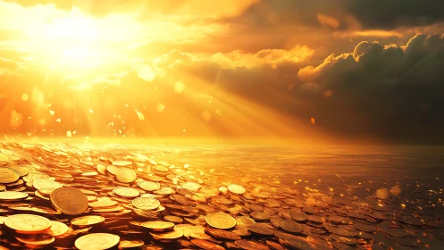Golden coins cover reflective water under intense sunset light
