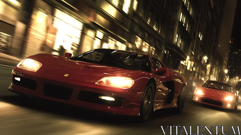 Red sports cars racing through night city streets.