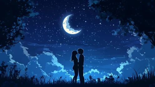 Couple Under Moonlight in Starlit Night Sky