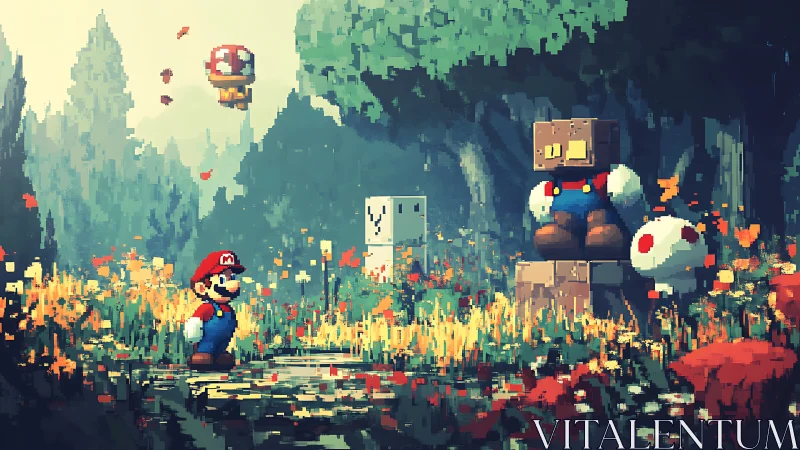 Pixelated forest scene with plumber figure and cube statue