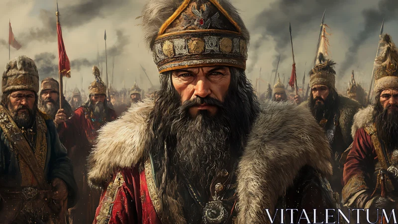 Central fur-clad commander stands before uniformed warriors