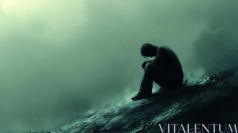 Solitary figure on misty slope in moody green light.