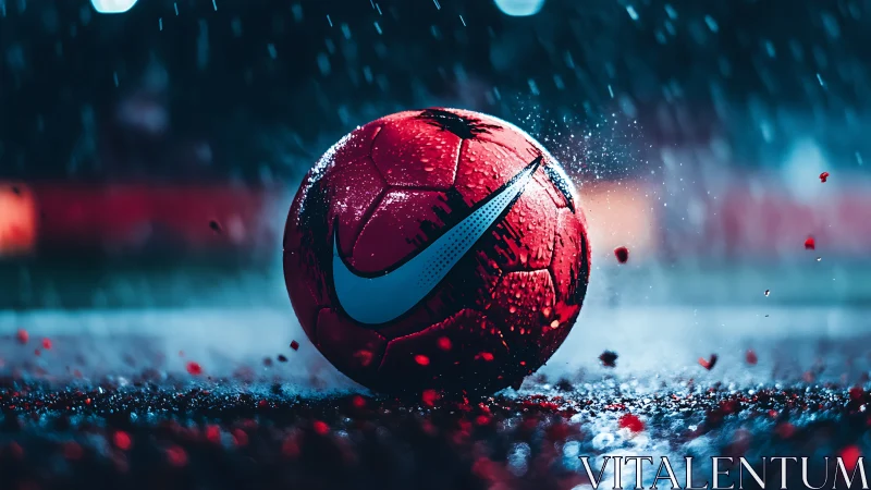 Rain‑soaked red football under stadium floodlights at night.