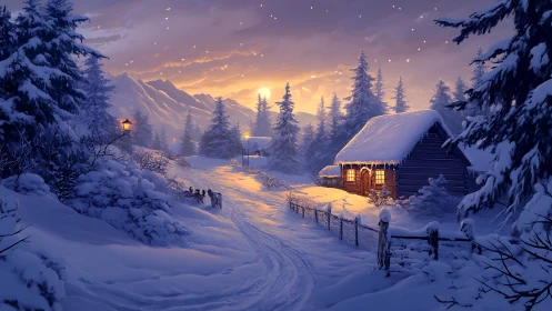 Snowy mountain cabin glows warmly under winter sunset sky