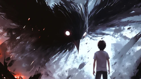 Boy confronts void-born raven colossus in crackling twilight.