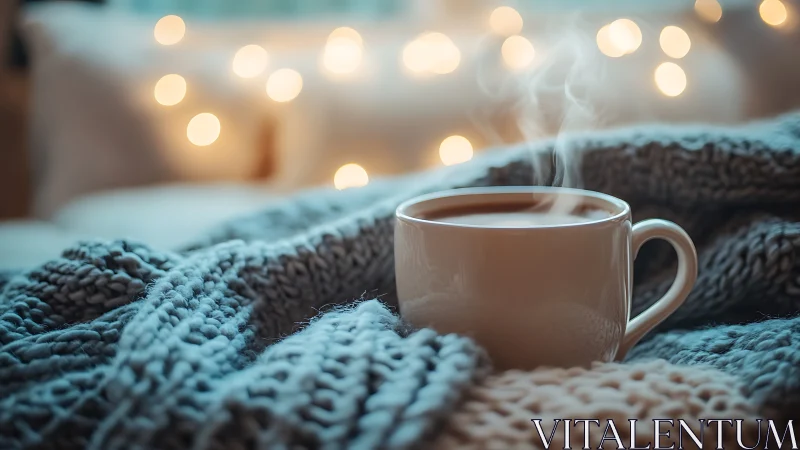 Steaming ceramic coffee mug rests on knitted blanket in bokeh light
