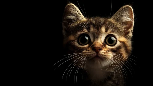 Tabby kitten portrait with dramatic black background.