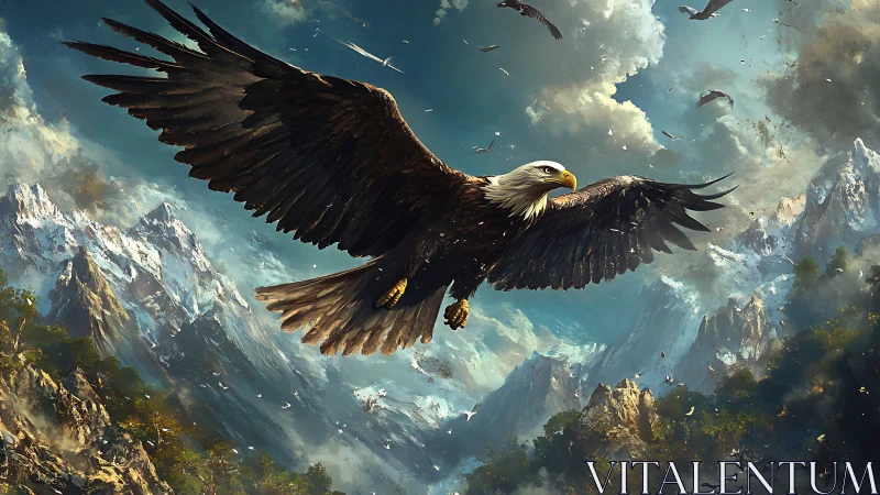 Majestic Bald Eagle Soaring Over Dramatic Mountain Landscape, Realistic Art.