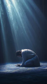 Solitary worshipper kneels under volumetric celestial light