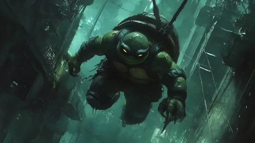 Midnight turtle sentinel dives through neon-soaked alleys