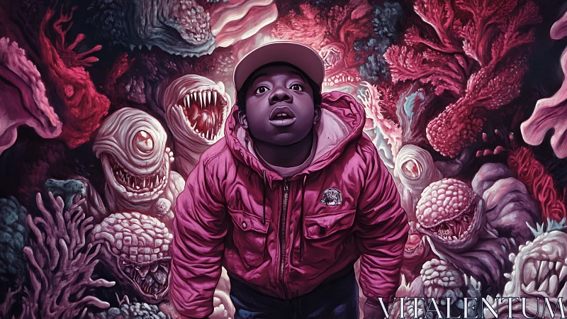 Boy in crimson jacket wandering a hungry coral nightmare.