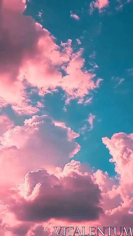 Dreamy pink clouds drift softly across a calm blue sky