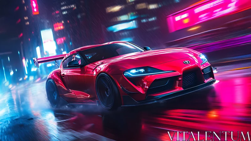 Crimson street racer glides through neon soaked city night
