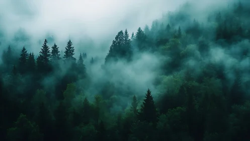 Misty Evergreen Forest Landscape.