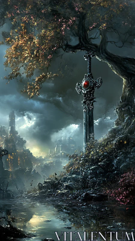 Ancient rune sword awaits beneath a storm-lit autumn tree