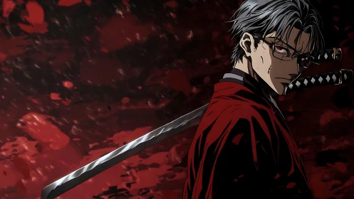 Sword-wielding warrior glares through bloodlit night storm.