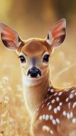 Young spotted fawn glows softly in golden meadow light