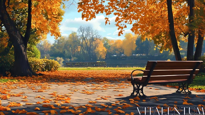 Empty park bench overlooks a calm lake in golden autumn