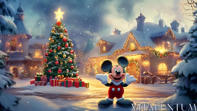 Cartoon mouse celebrates vibrant snowy Christmas village