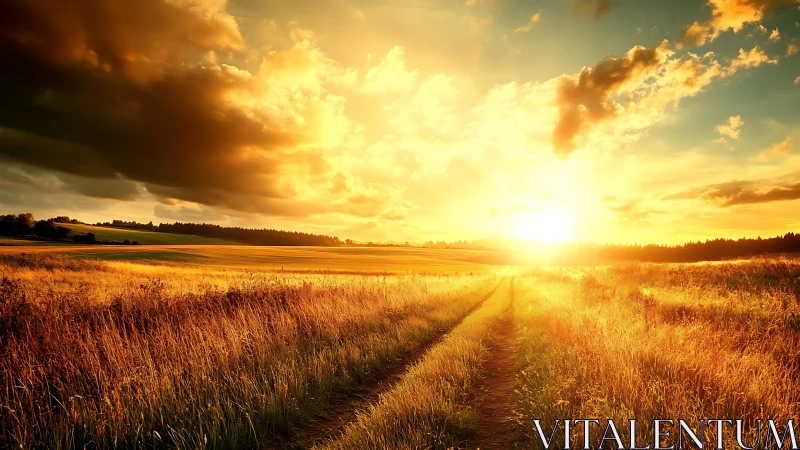 Sunlit dirt road dissolving into a blazing wheat horizon.