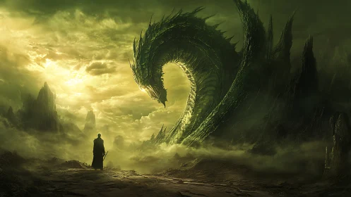 Solitary warrior confronting colossal serpent in misted abyss.