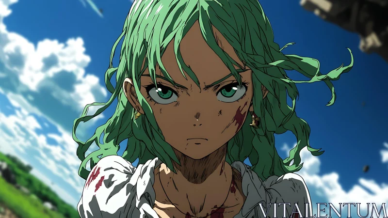 Green haired anime warrior stares ahead with fierce resolve.