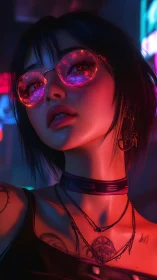 Neon-lit cyberpunk girl with reflective pink glasses.