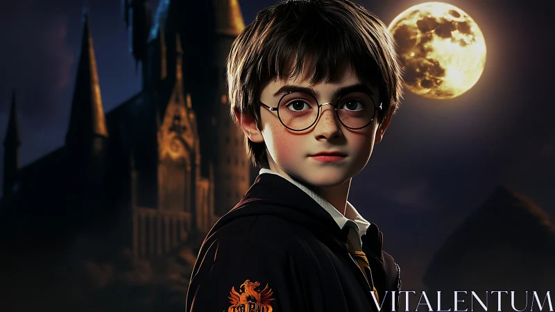 Young wizard under full moon outside gothic castle at night.