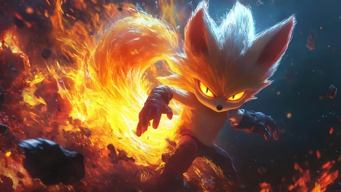 Fiery fox warrior summons swirling flame vortex in battle