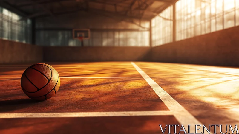 Basketball rests on indoor court under directional side light
