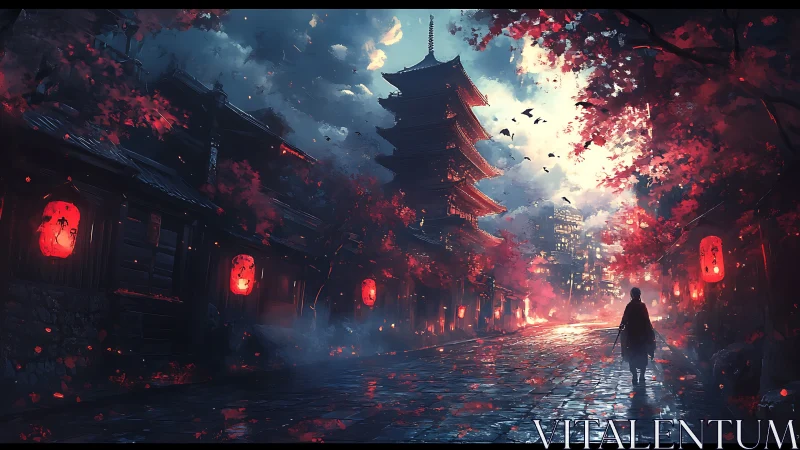 Samurai walks through lantern lit street toward distant city
