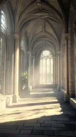 Gothic cloister corridor with vaulted ribs and morning haze