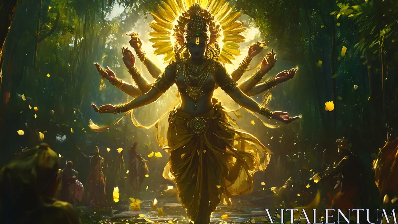 Sunlit forest deity unfolds in a whirlwind of golden arms