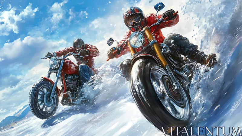 Dynamic digital painting captures two motorcyclists cutting surf