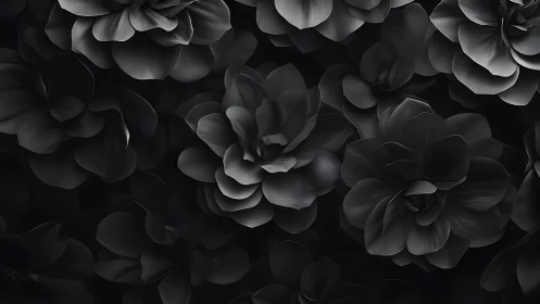Black and white flowers layered densely against dark background with subtle dimensional depth.