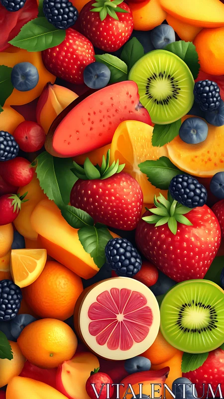 Vibrant mixed fruit slices glow with hyperreal color depth.