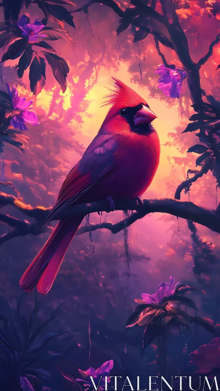 Cardinal lantern glows in neon-tinted enchanted forest dusk.