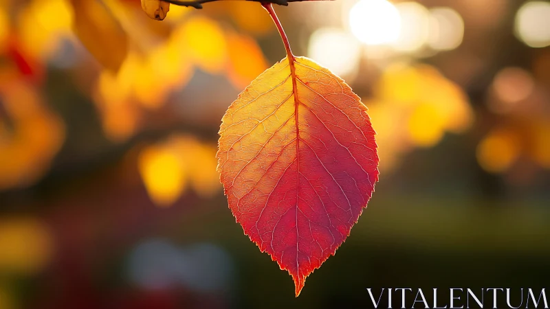 Sunlit ember leaf glows against dreamy autumn bokeh haze.