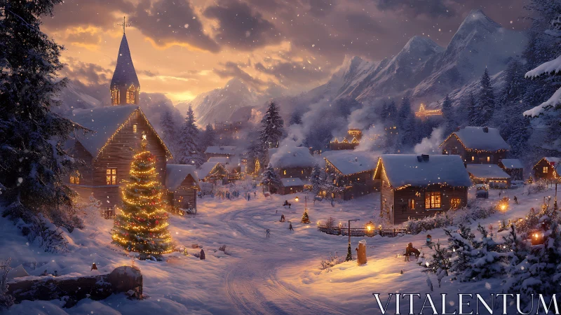 Snow covered village with illuminated houses and trees at dusk.